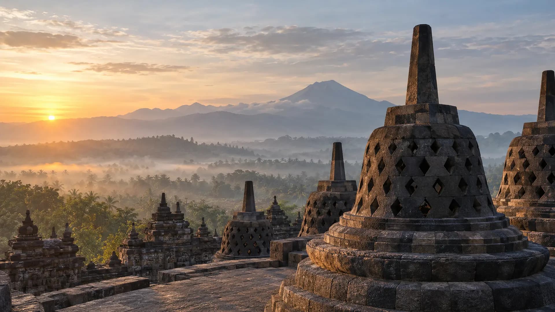 Les stupas de Borobudur devant les volcans de Java au lever du soleil