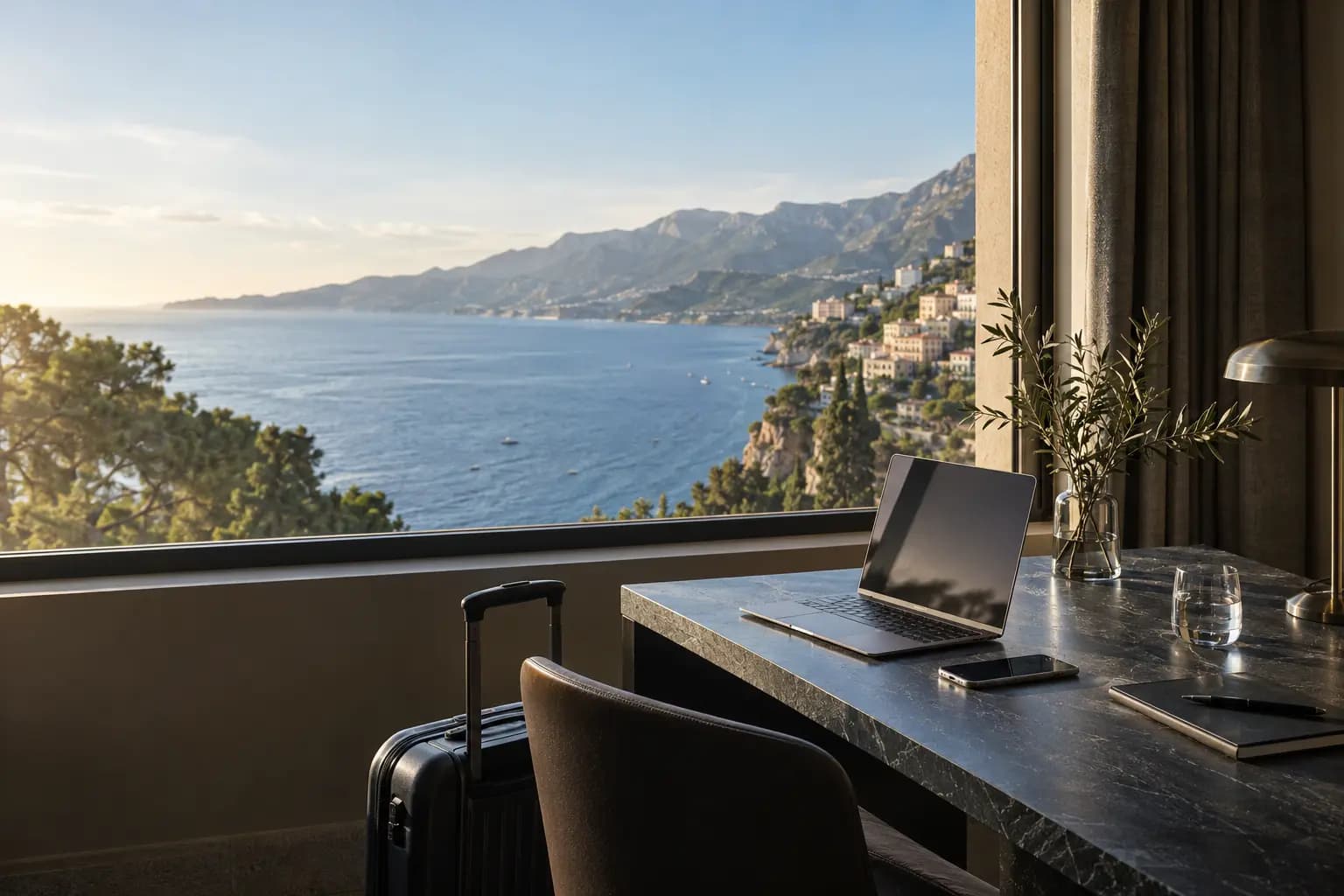 Ordinateur portable et téléphone sur un bureau de chambre d’hôtel face à la mer