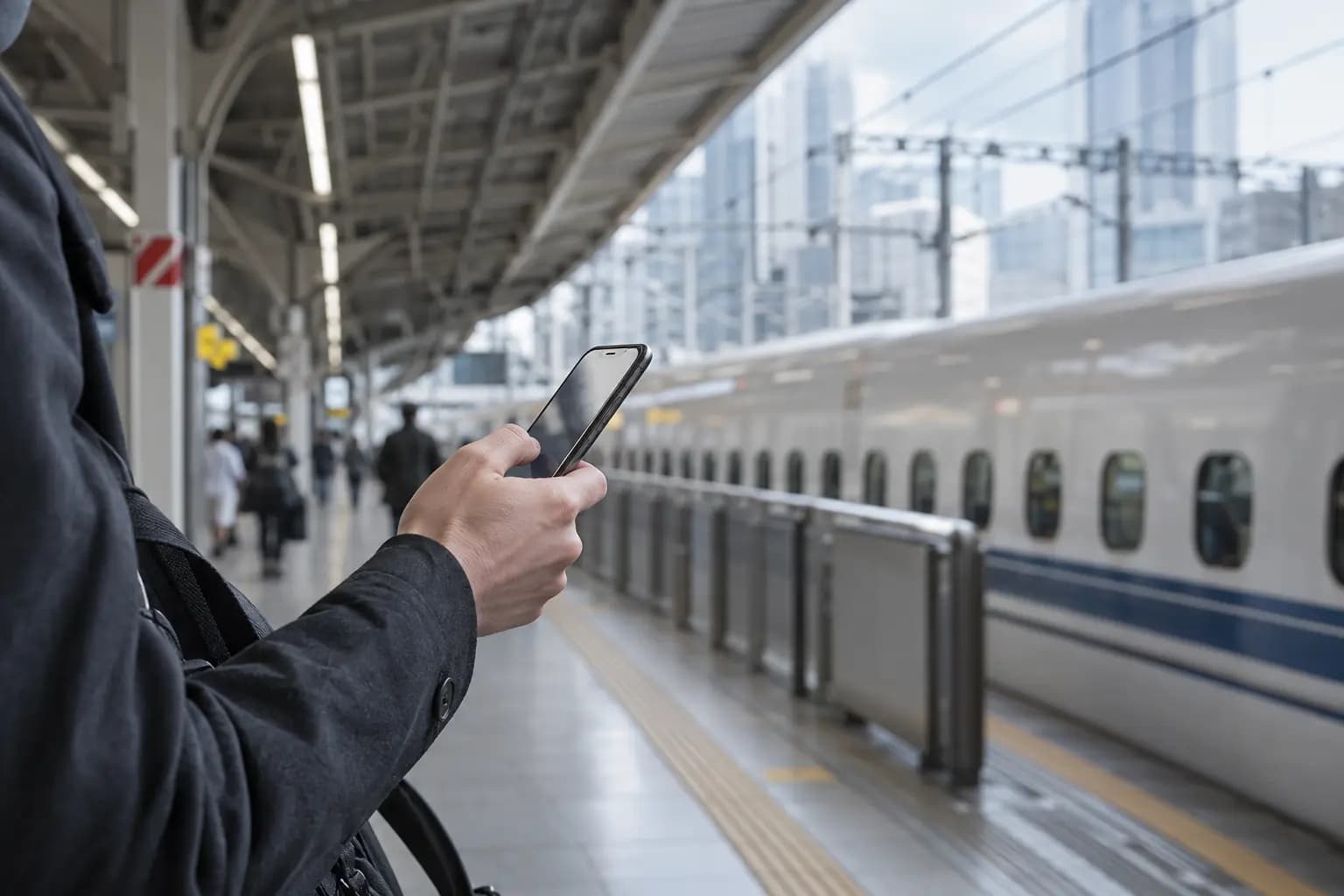 Main tenant un smartphone sur un quai de gare, un train à grande vitesse en arrière-plan