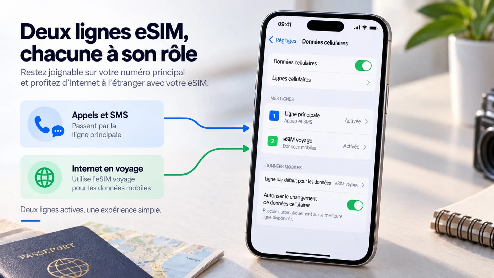 Un iPhone posé sur un carnet montre les réglages des lignes : la ligne principale pour les appels et SMS, l’eSIM voyage pour les données mobiles