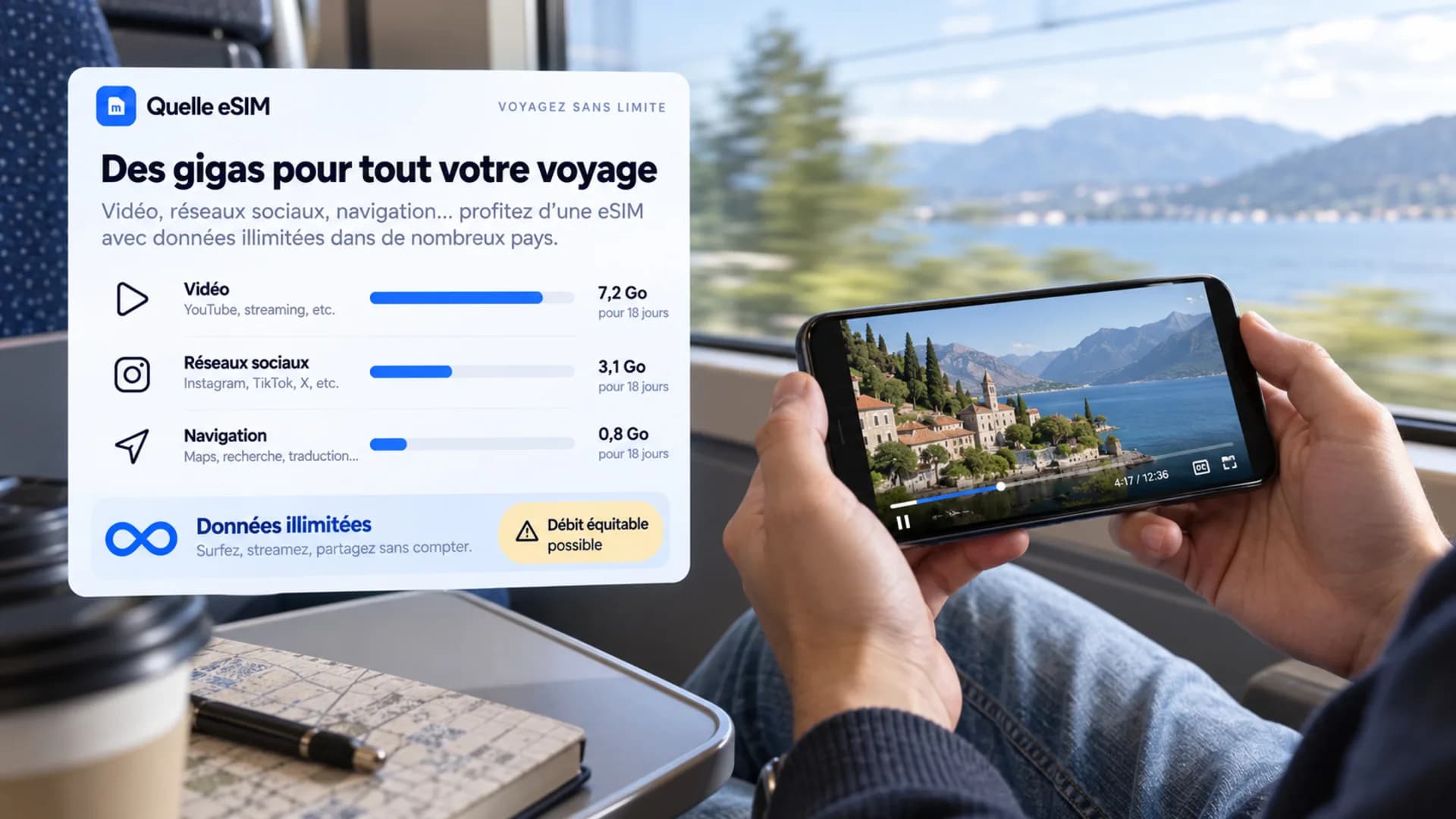 Dans un train, un téléphone lit une vidéo à côté d’un compteur de consommation : vidéo, réseaux sociaux, navigation, et la mention du débit équitable de l’illimité
