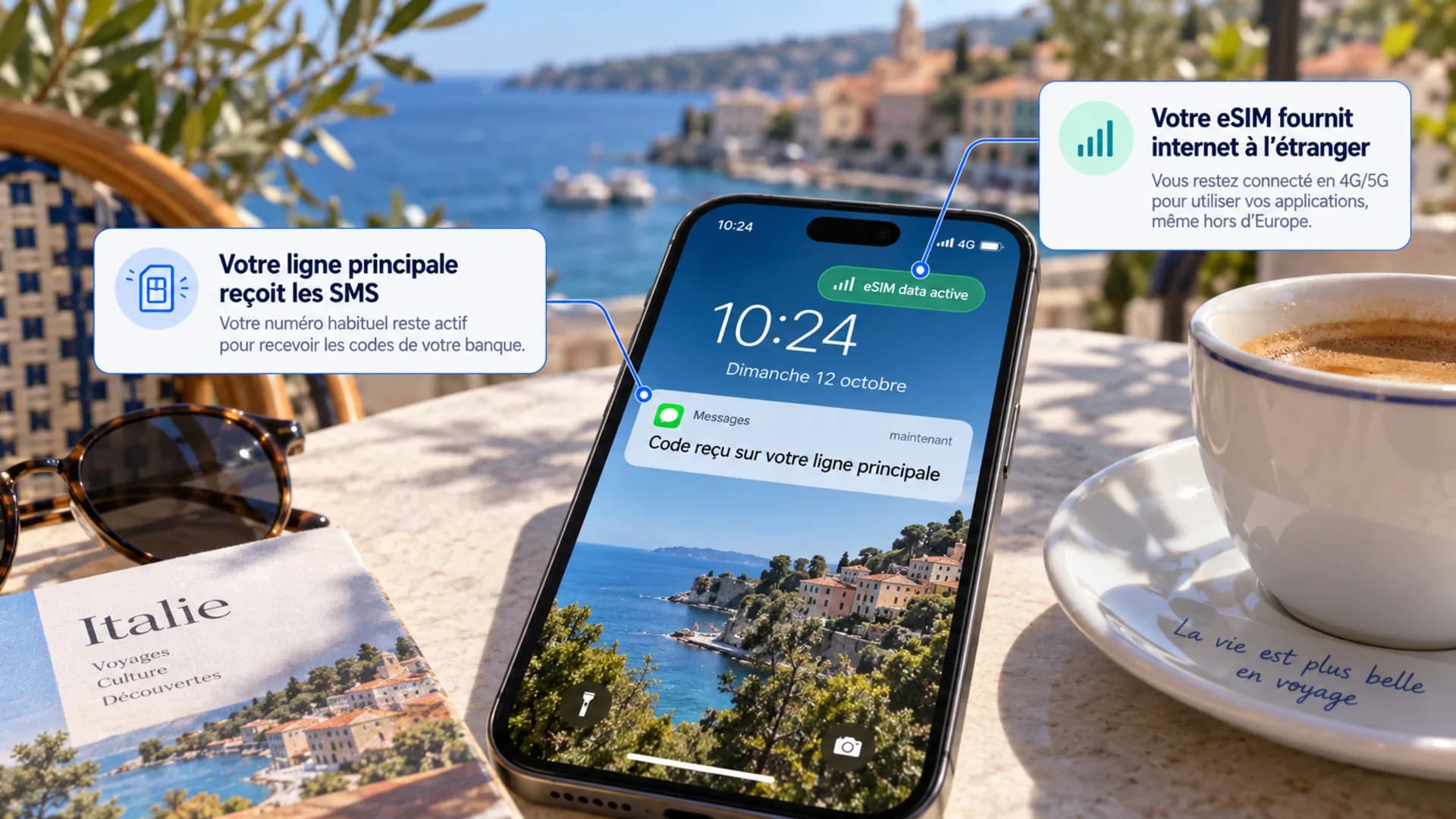 À une terrasse face à la mer, un iPhone reçoit le code SMS de la banque sur la ligne principale pendant que l’eSIM fournit internet