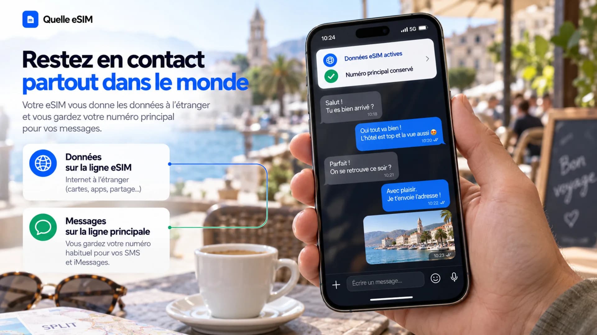 Une main tient un téléphone ouvert sur une conversation WhatsApp, avec le rappel que les messages restent sur la ligne principale et les données sur l’eSIM