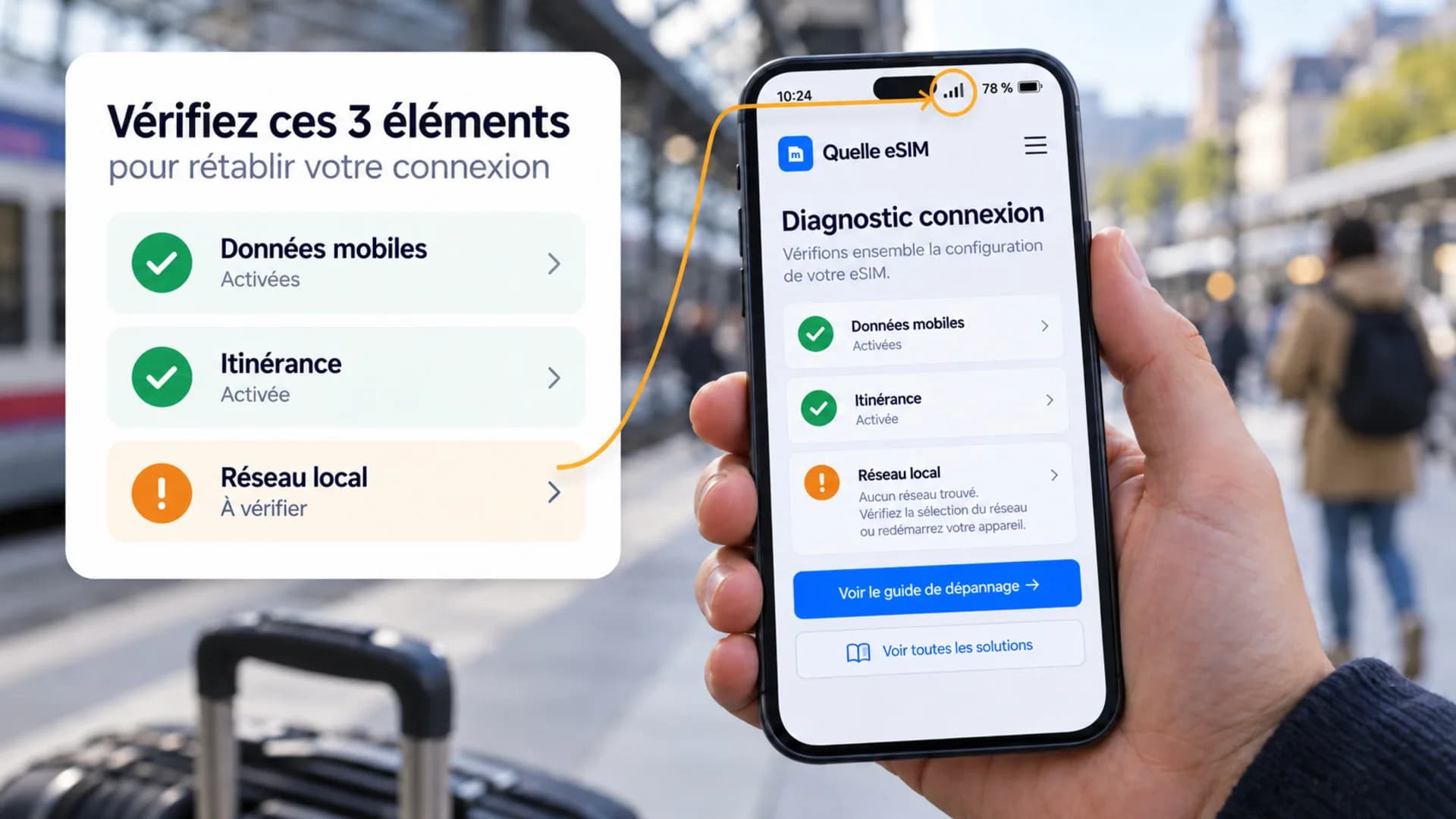 Dans une gare, un téléphone affiche un diagnostic de connexion : données mobiles activées, itinérance activée, réseau local à vérifier
