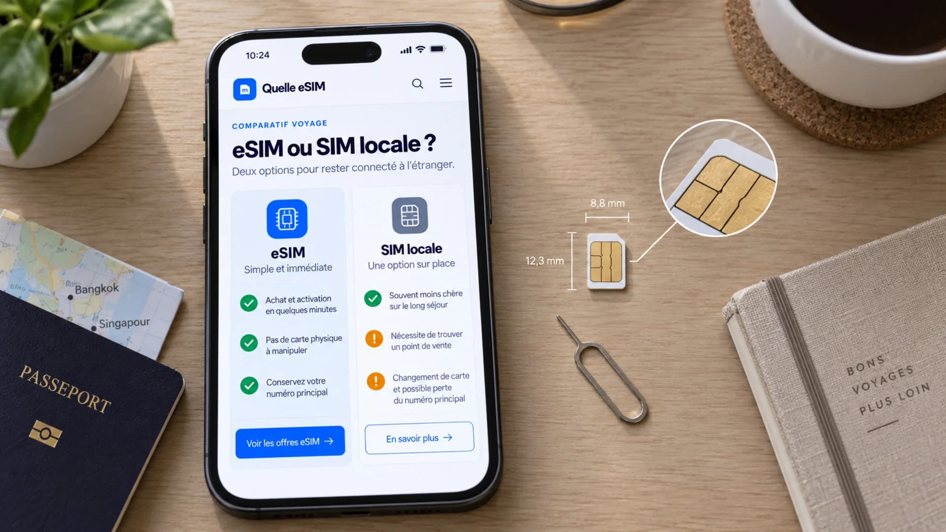 Sur un bureau avec passeport et carnet, un téléphone compare eSIM et SIM locale à côté d’une carte SIM physique et de son outil d’éjection