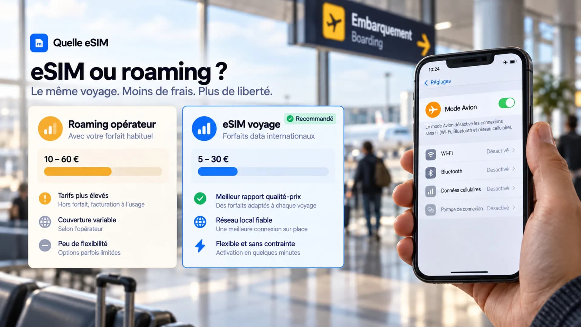 Dans un hall d’aéroport, deux cartes comparent le roaming de l’opérateur et l’eSIM de voyage, à côté d’un téléphone en mode avion