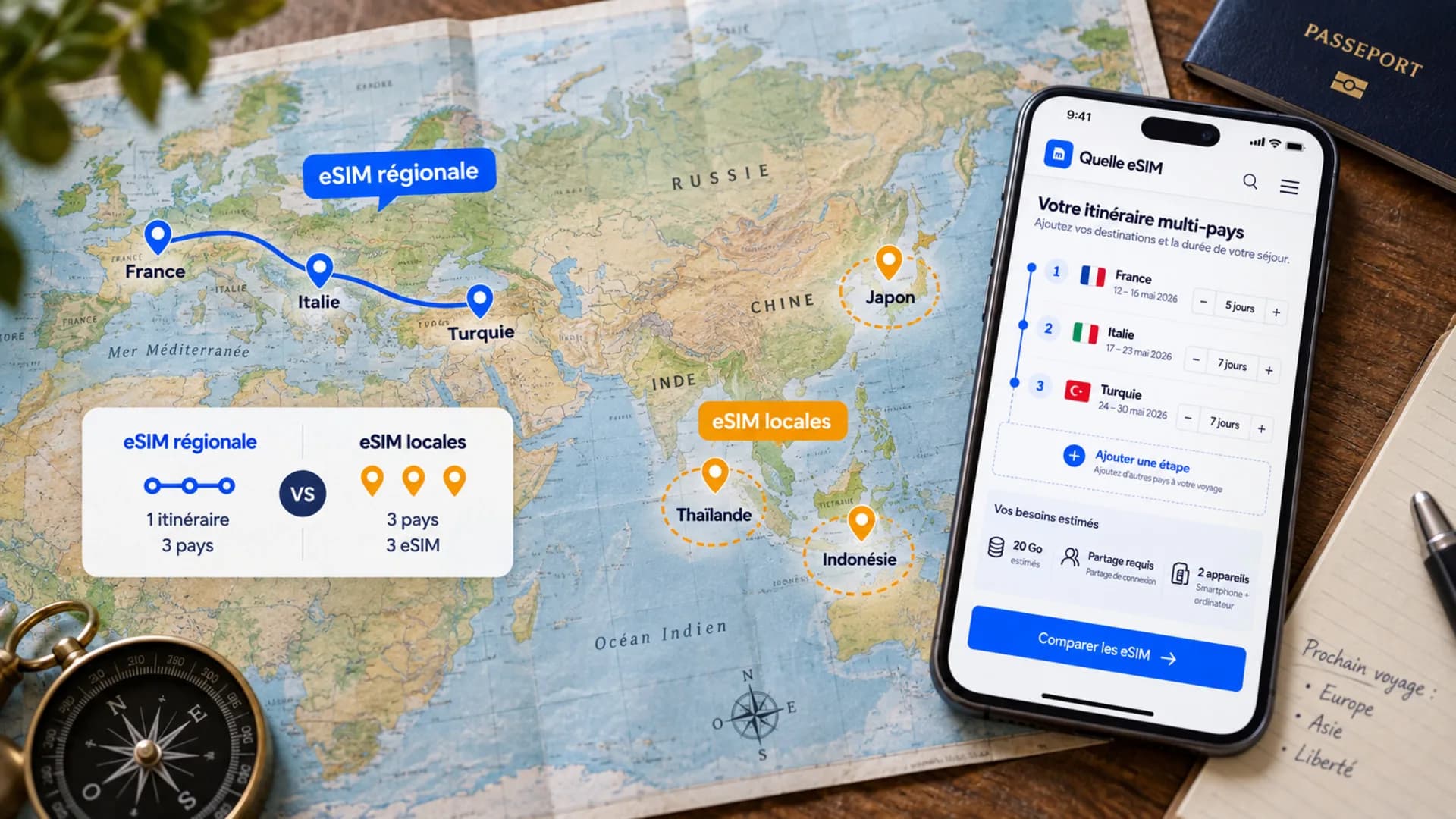 Sur une carte du monde, un itinéraire France, Italie, Turquie face à des étapes en Asie illustre le choix entre une eSIM régionale et des eSIM locales