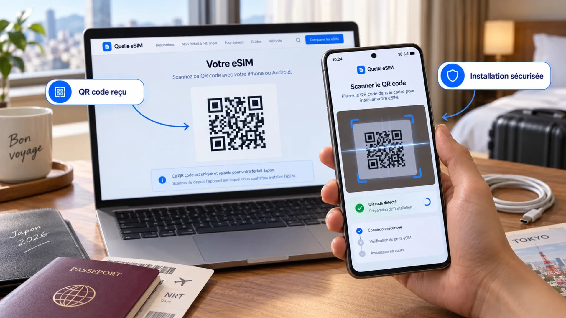Un code QR affiché sur un ordinateur portable est scanné avec un téléphone Android, étape d’installation de l’eSIM