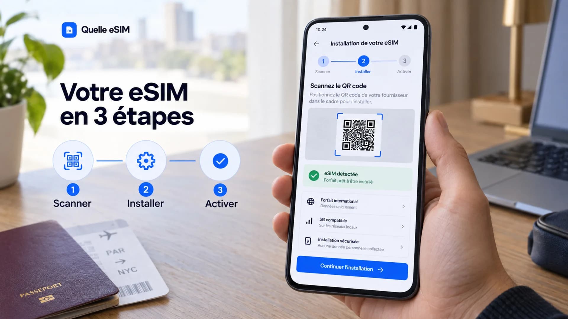 Un Galaxy en main affiche l’installation de l’eSIM en trois étapes : scanner, installer, activer