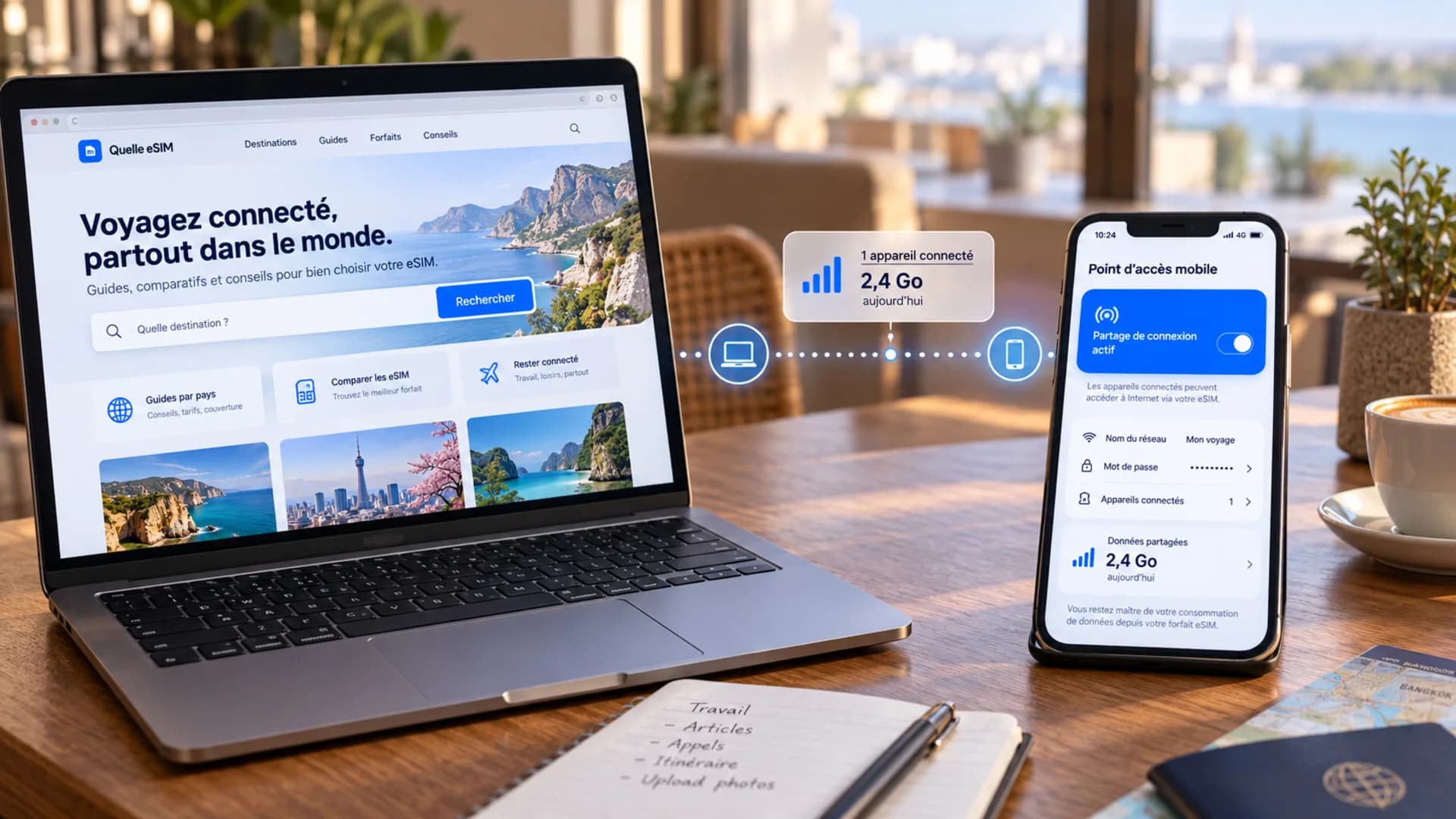 Un ordinateur portable connecté au point d’accès mobile d’un téléphone, avec le compteur de données partagées