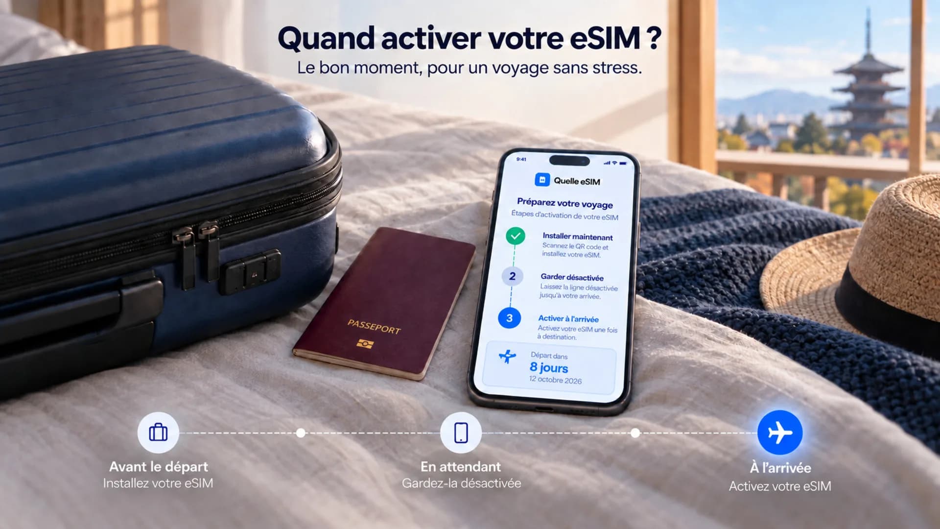 Sur une valise, un téléphone montre la préparation du voyage : installer l’eSIM avant le départ, la garder désactivée, l’activer à l’arrivée
