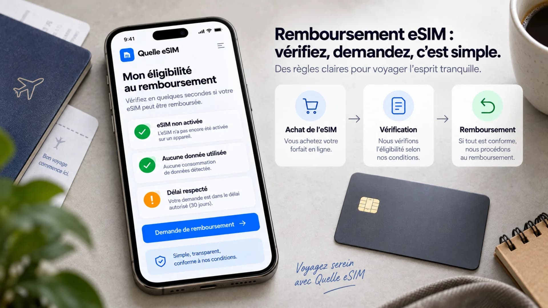 Un téléphone affiche la vérification d’éligibilité au remboursement d’une eSIM, à côté d’une carte bancaire et d’un passeport