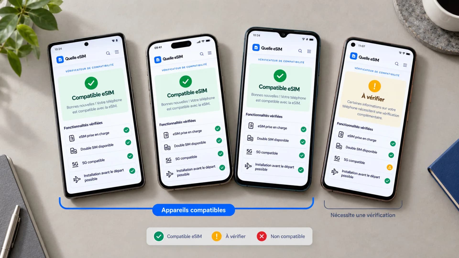 Quatre téléphones alignés affichent le résultat du contrôle de compatibilité eSIM : trois compatibles, un à vérifier