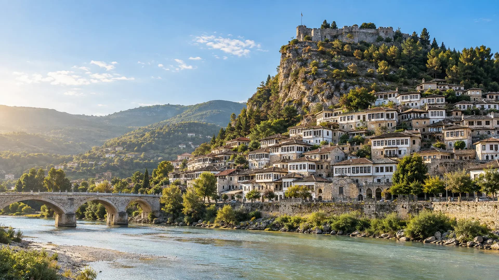 Les maisons ottomanes de Berat au bord de la rivière Osum