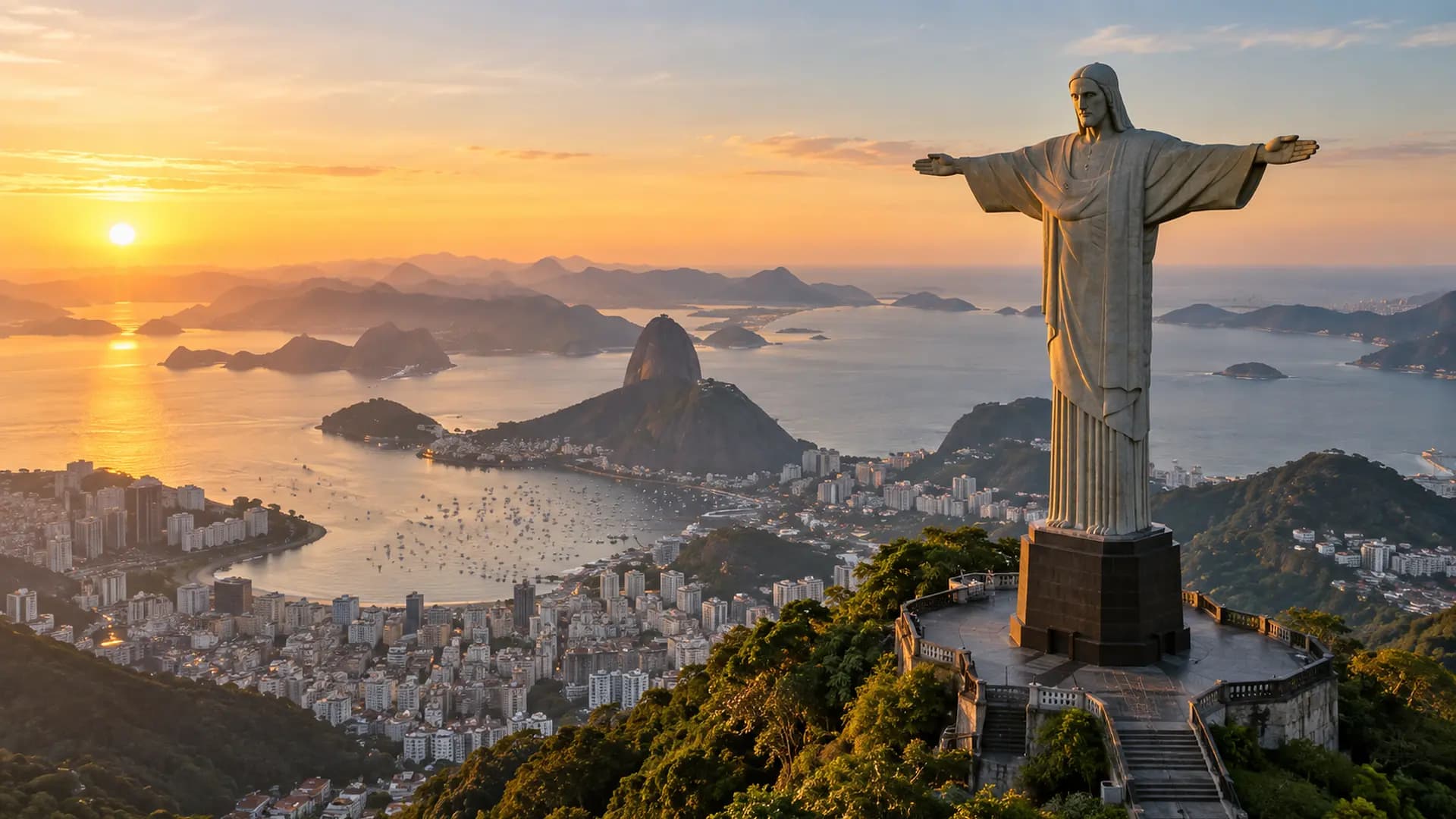 Le Christ Rédempteur face à la baie de Rio de Janeiro au lever du soleil