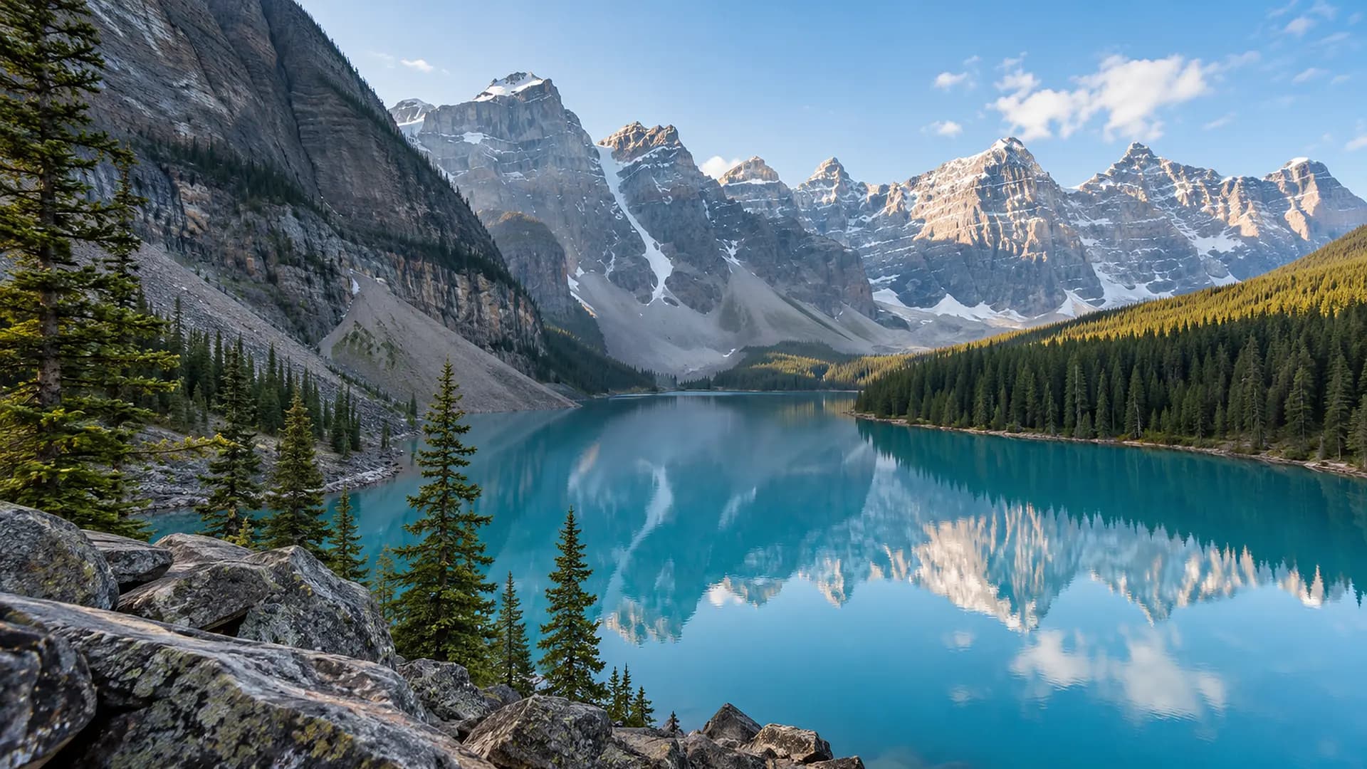 Le lac Moraine et les sommets rocheux du parc national de Banff