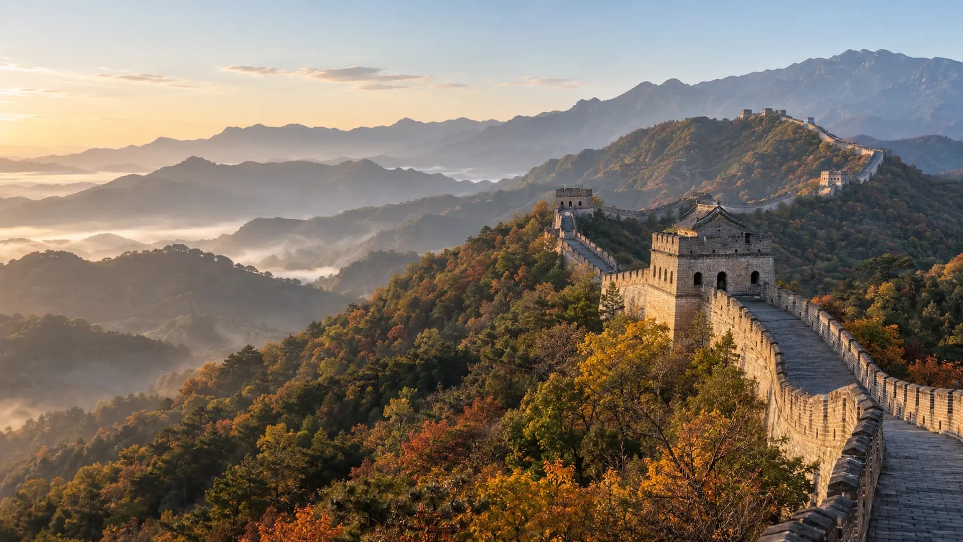 La Grande Muraille serpentant sur les montagnes de Mutianyu en automne