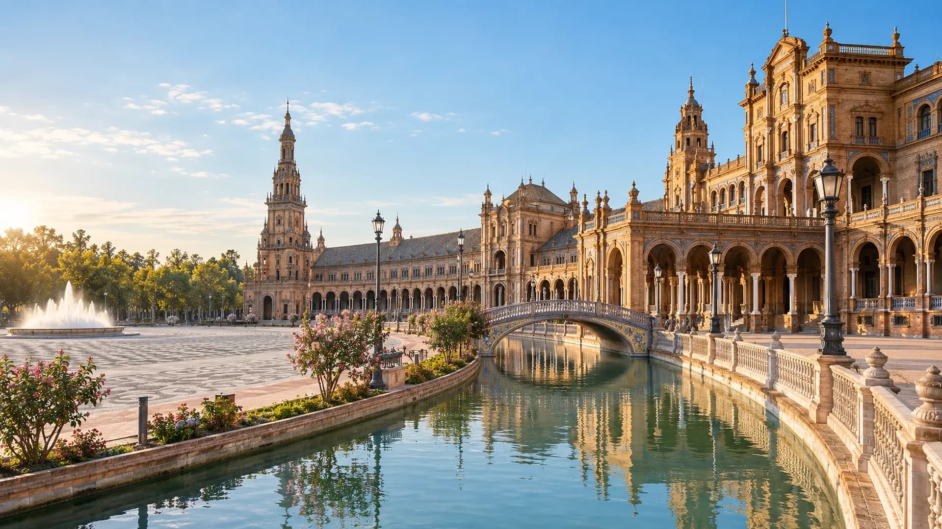 La Plaza de España et son canal à Séville dans la lumière du matin