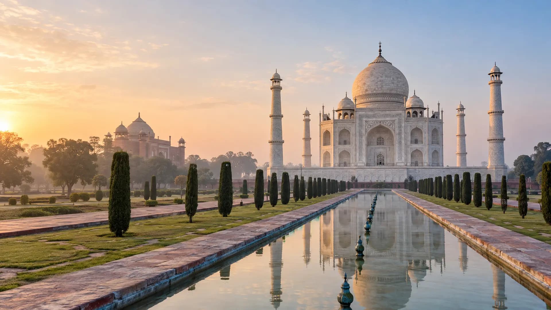 Le Taj Mahal et son bassin réfléchissant au lever du soleil