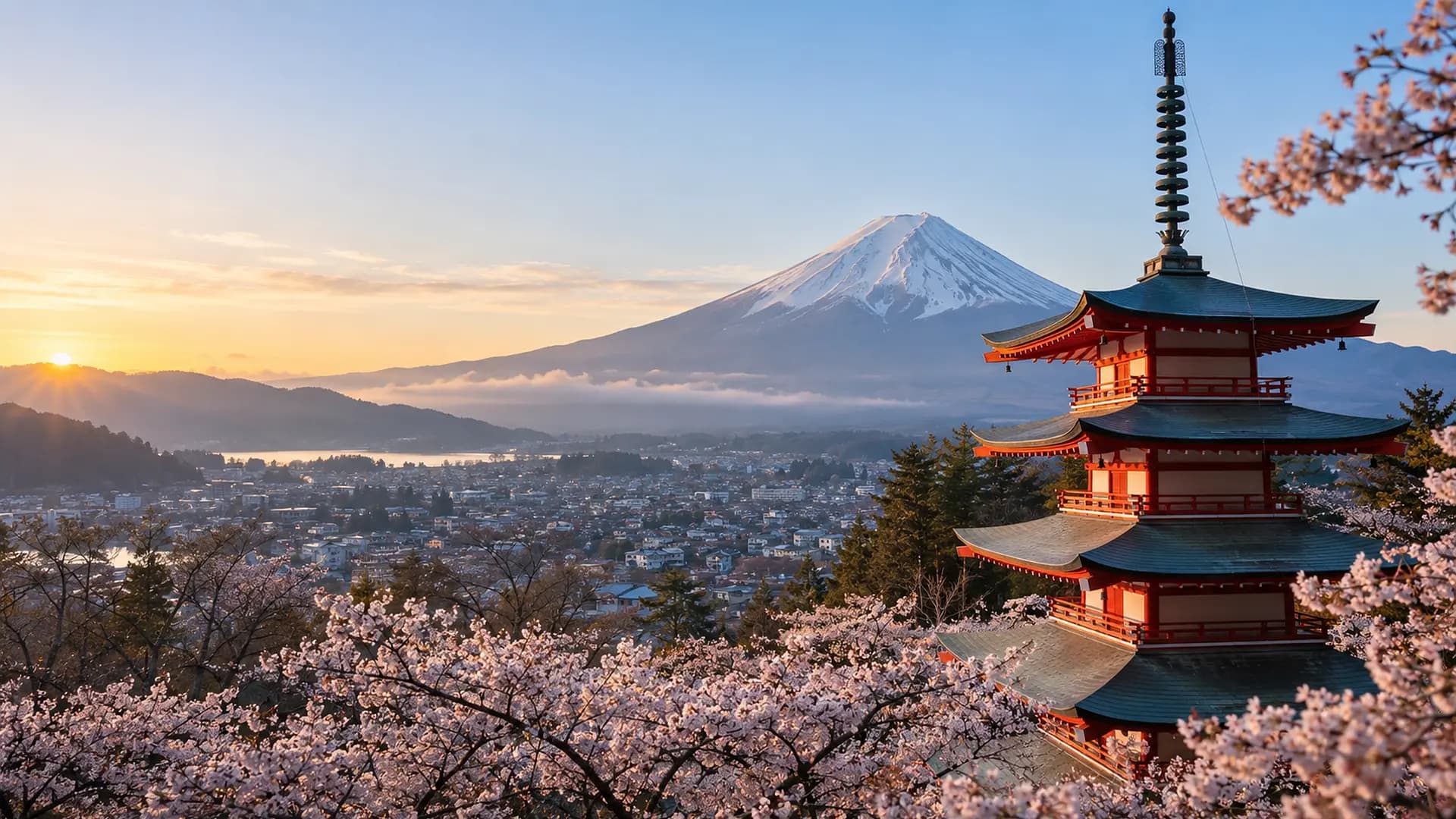 Le mont Fuji et la pagode Chureito entourés de cerisiers