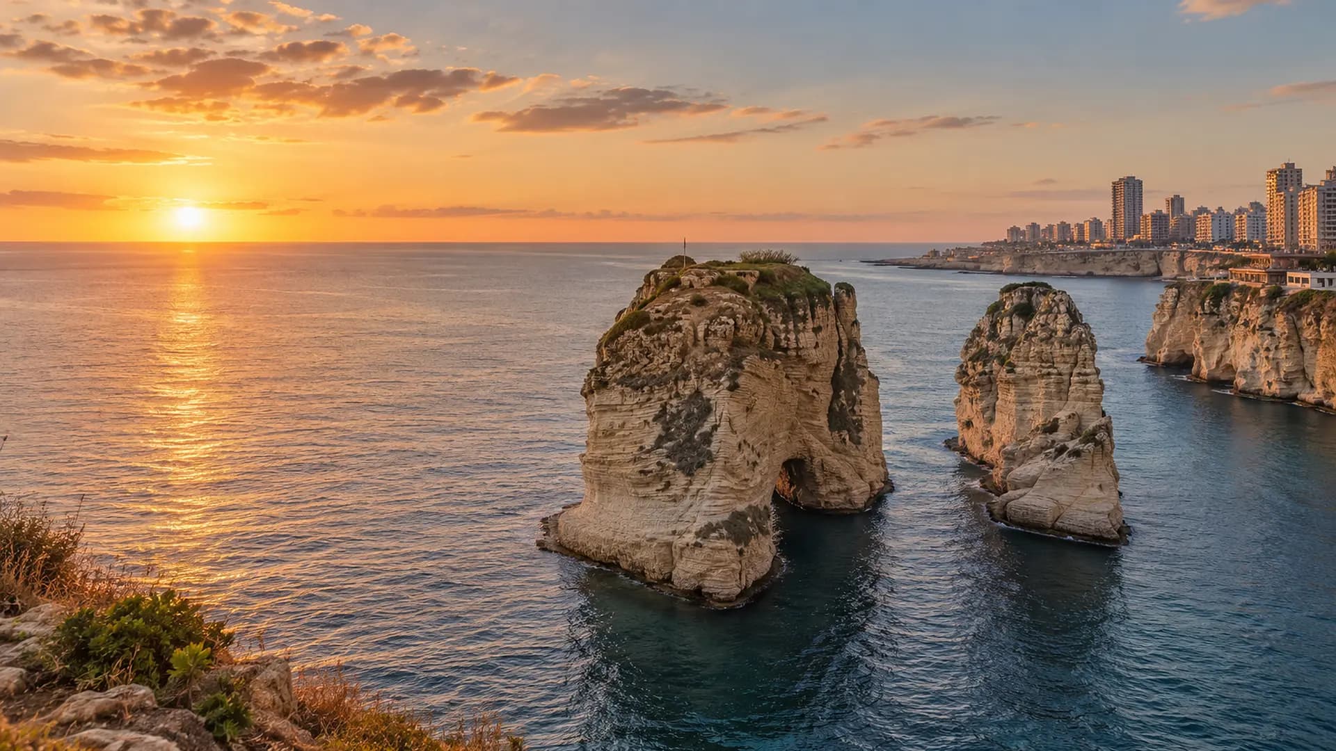 Les rochers de Raouché au large de Beyrouth au coucher du soleil