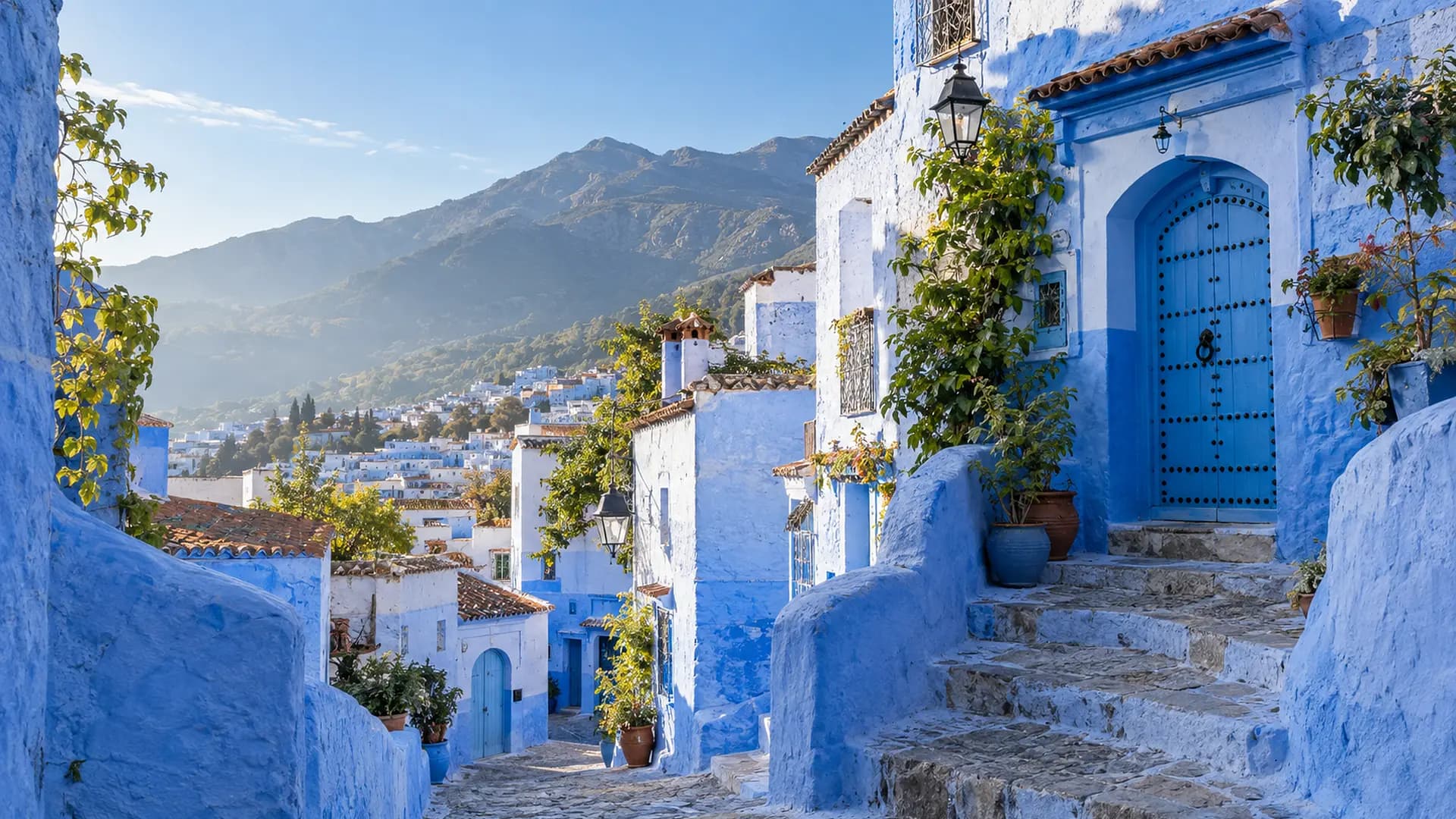 Une ruelle bleue de Chefchaouen devant les montagnes du Rif