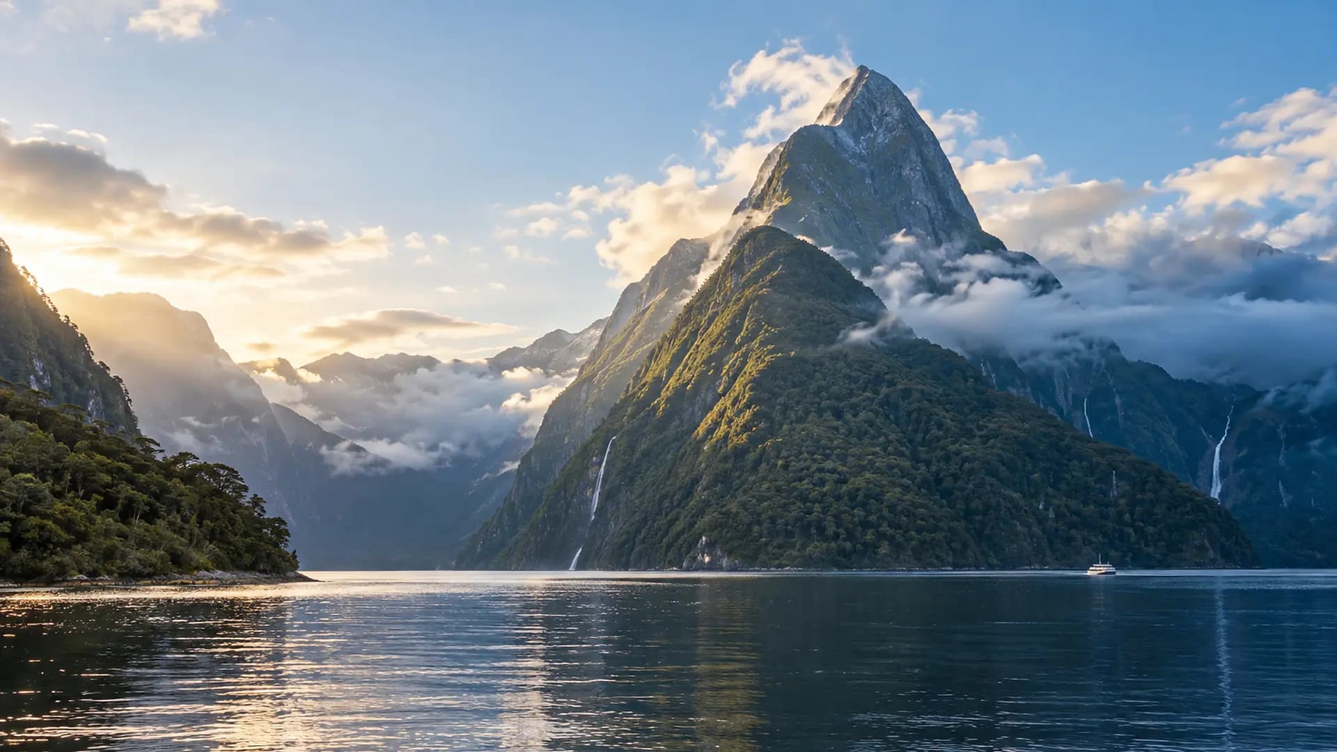 Mitre Peak dominant les eaux calmes de Milford Sound