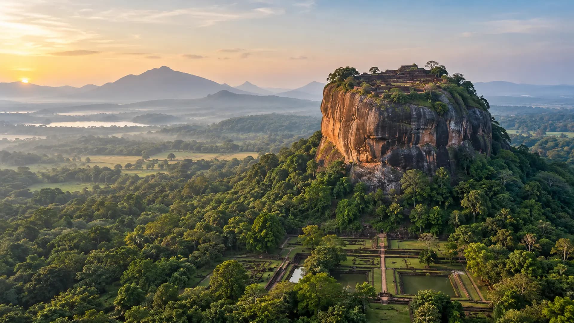 Le rocher de Sigiriya et ses jardins au lever du soleil