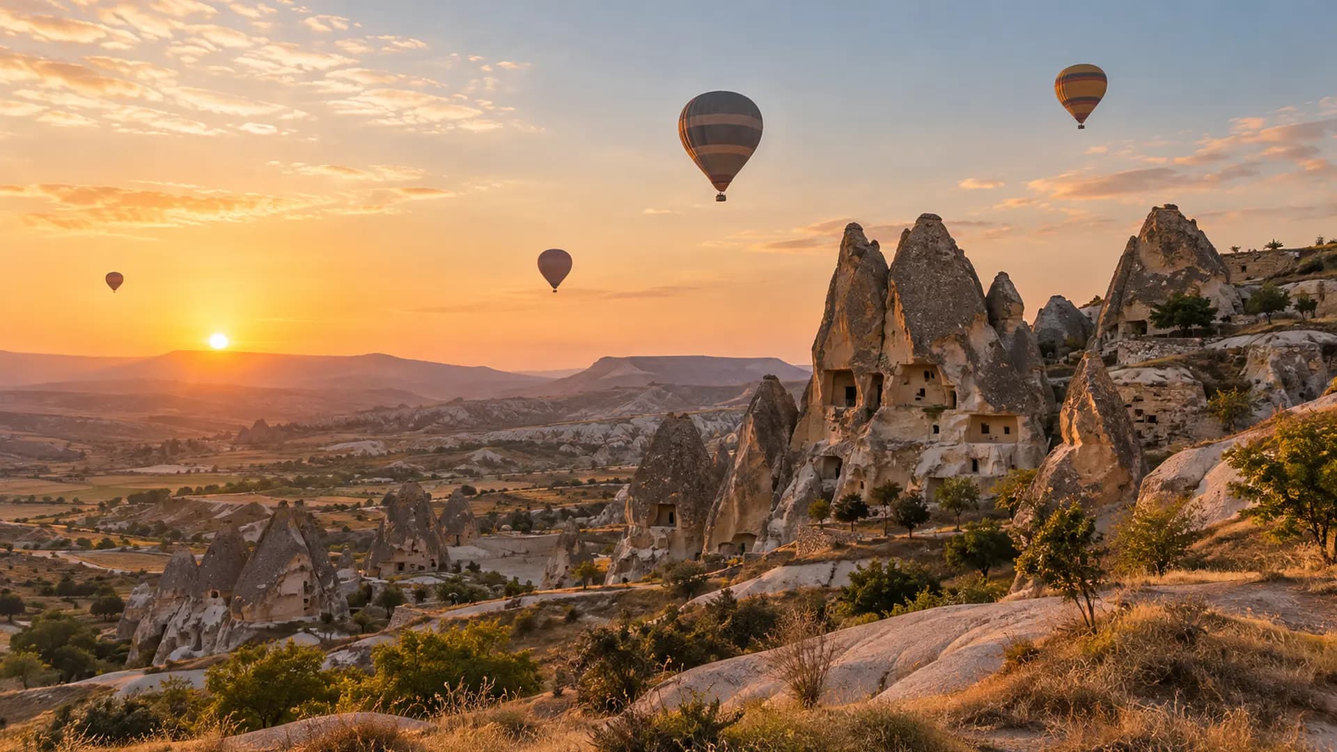 Les cheminées de fée et les montgolfières de Cappadoce au lever du soleil