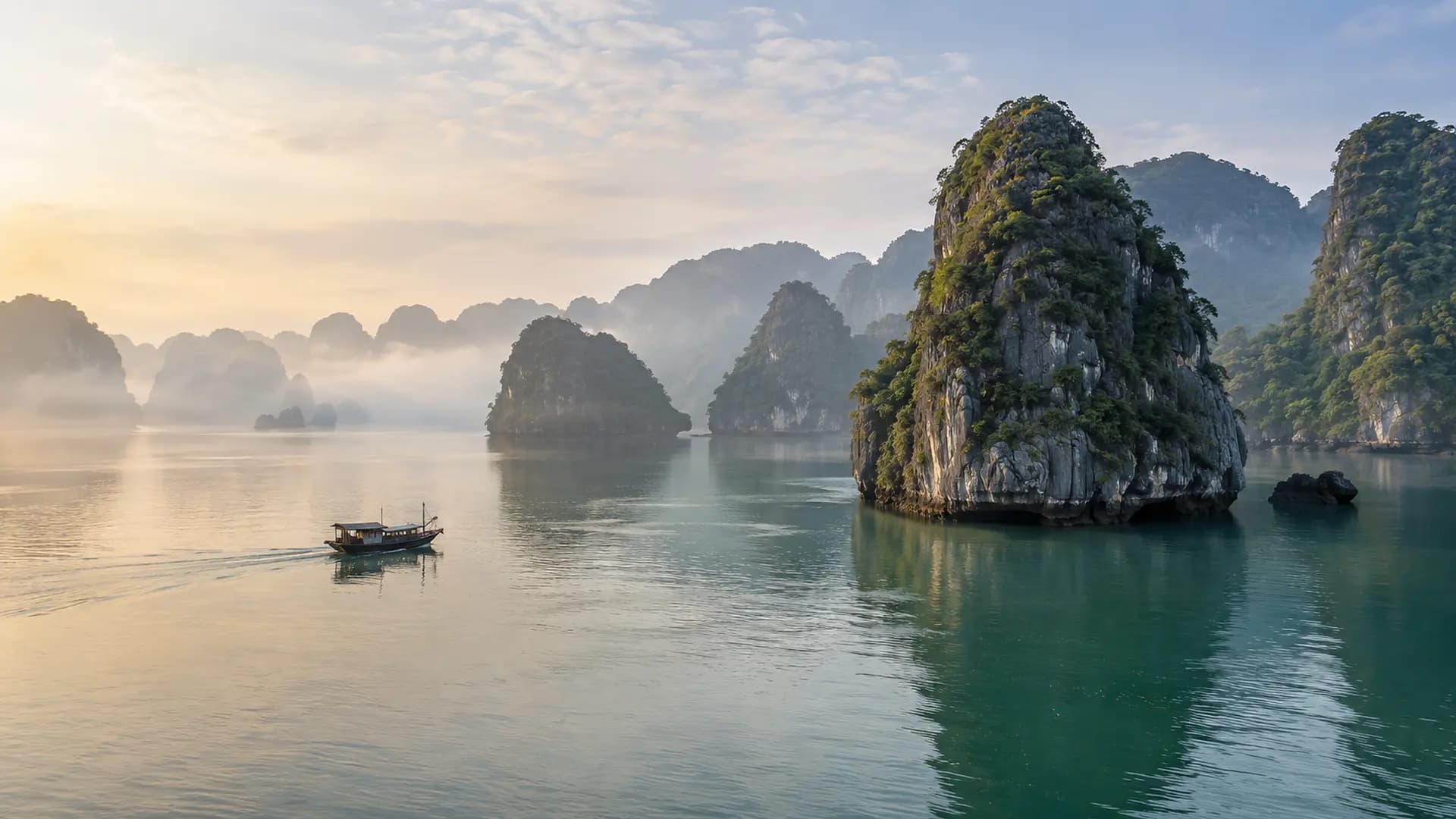 Les formations karstiques de la baie d’Ha Long dans la brume du matin