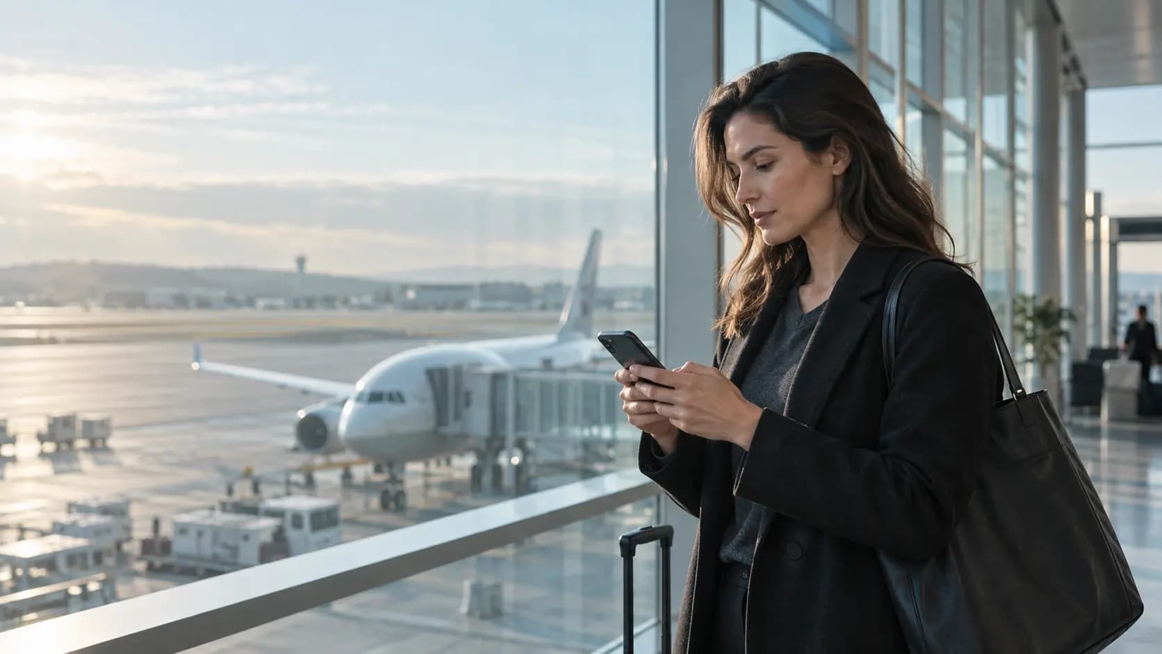 Une voyageuse consulte son téléphone devant la baie vitrée d’un aéroport, un avion à la porte d’embarquement derrière elle